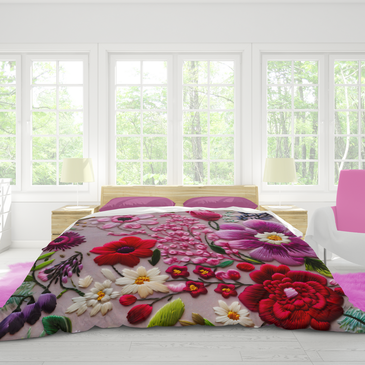 Premium Embroidery Flowers Printed Duvet Cover Collection for King, Queen, Double, Full, Twin, and Twin XL Beds