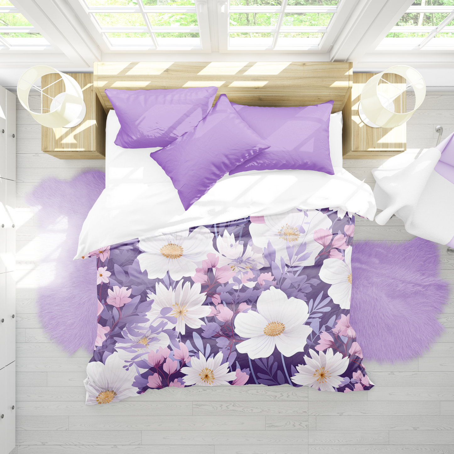 Purple Floral Duvet Cover Pink Purple Flower Bedding for teen girl bedroom decor Spring Home decor for kids bed room Purple Girls bedding