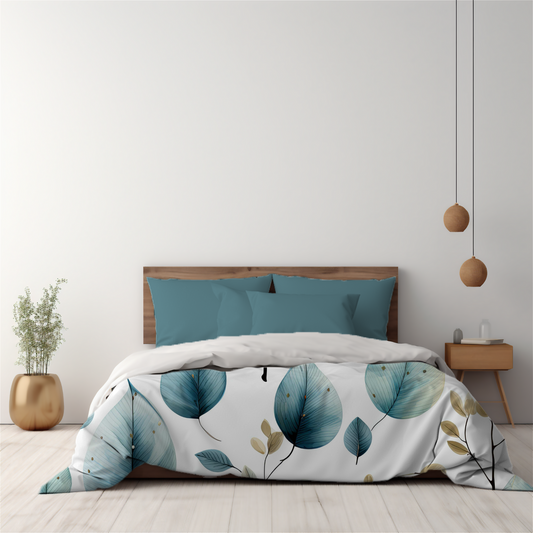 Scandinavian Leaf Duvet Cover- Teal