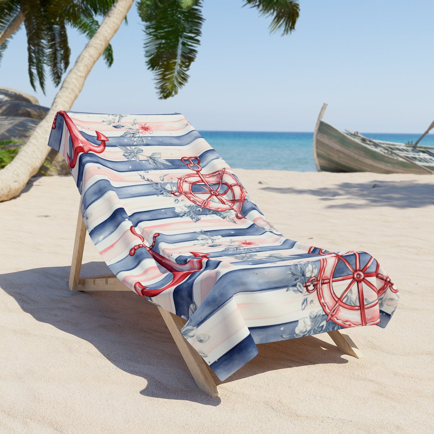 Personalized Nautical Floral Stripes Beach Towel