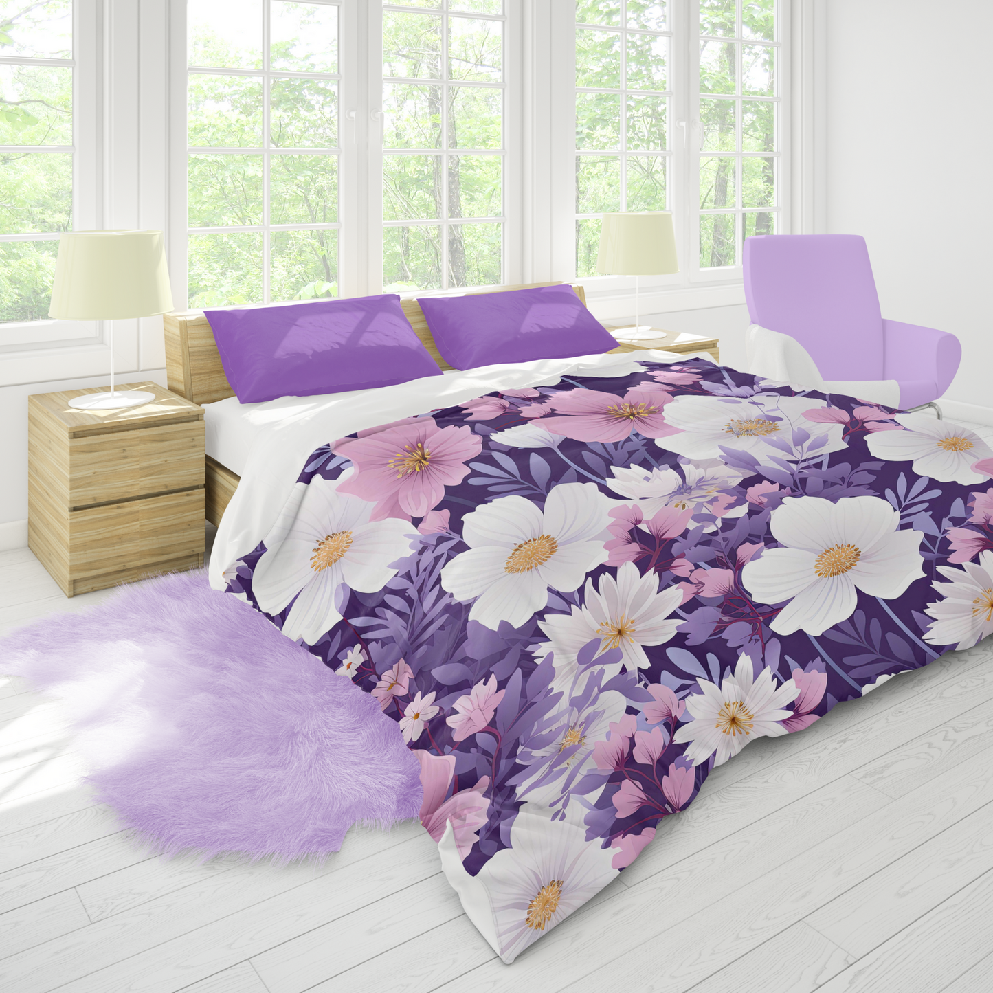 Purple Floral Duvet Cover Pink Purple Flower Bedding for teen girl bedroom decor Spring Home decor for kids bed room Purple Girls bedding