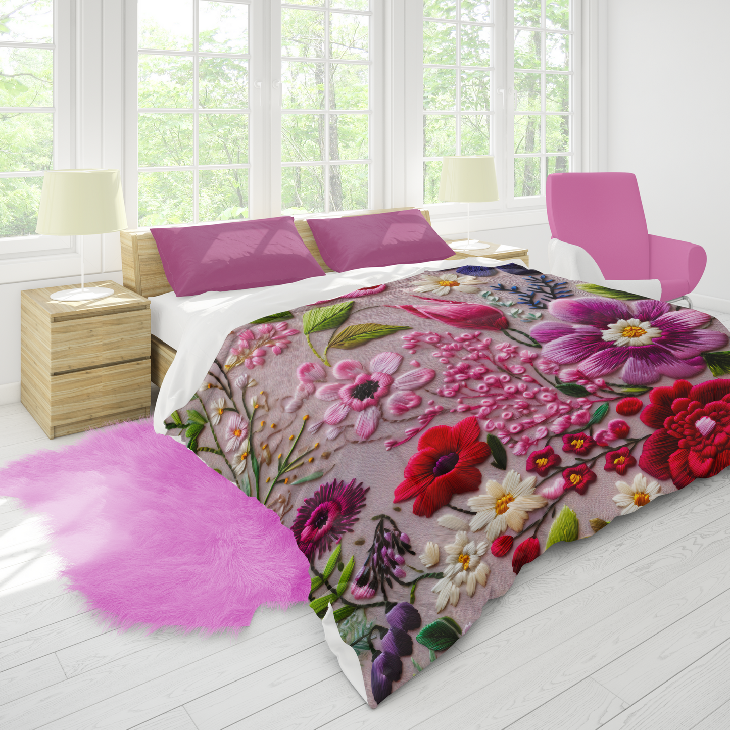 Premium Embroidery Flowers Printed Duvet Cover Collection for King, Queen, Double, Full, Twin, and Twin XL Beds